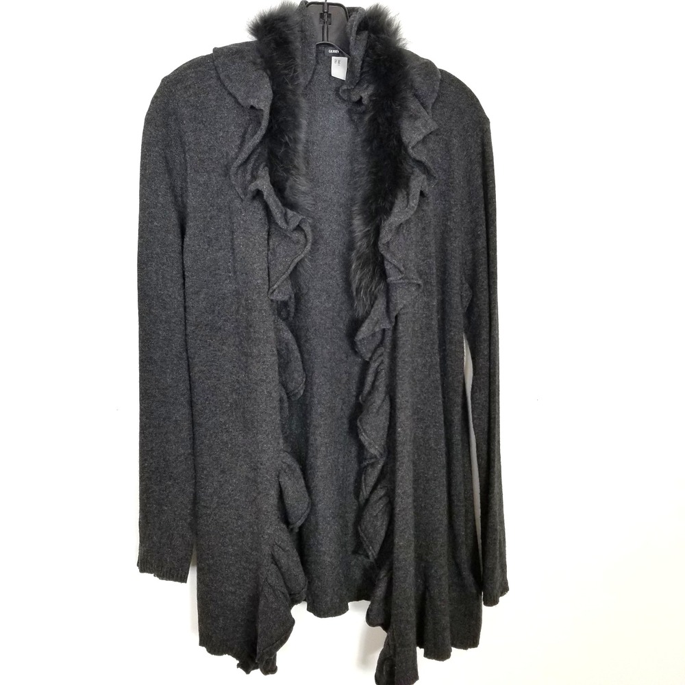 Gerry Weber Women Wool Cashmere Blend Ruffle Cardigan Sweater Sz US 10 Gray
